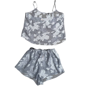 Vintage Gilligan & O‎ Malley Lingerie Set Medium Sheer Floral Applique Gray Y2K